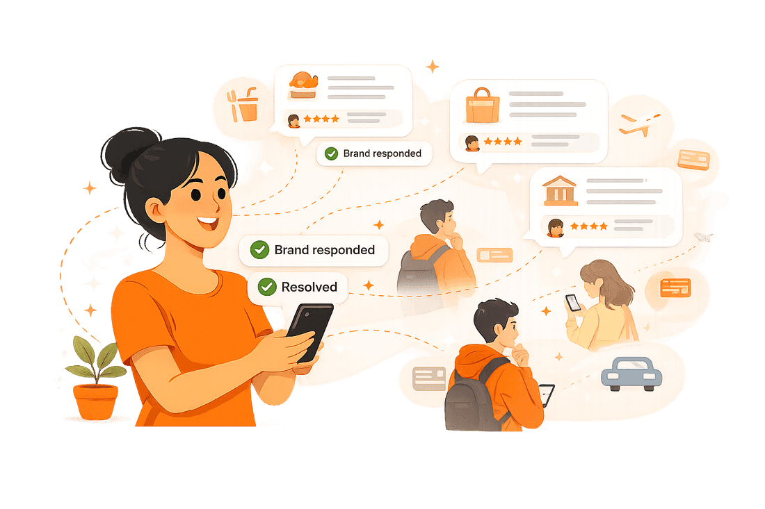 A woman checking her phone with 'Brand responded' and 'Resolved' notifications, surrounded by other people sharing experiences about shopping, travel, and banking