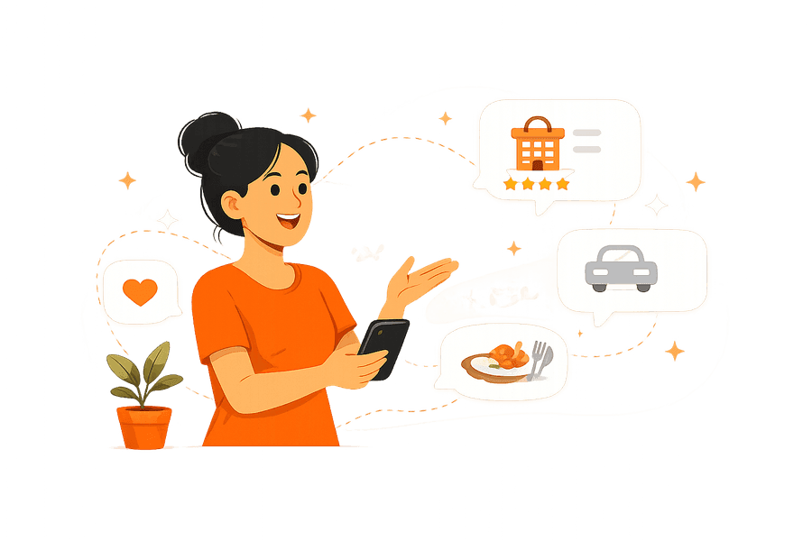 A woman happily sharing feedback from her phone about a range of everyday experiences — dining, shopping, and travel — not just something that went wrong