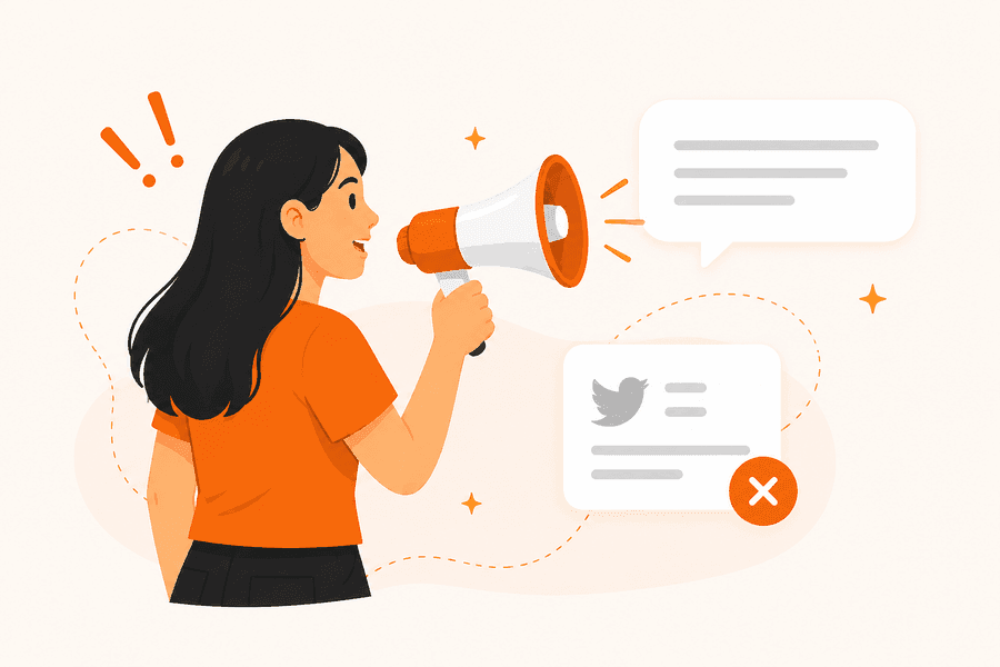 A woman speaking into a megaphone next to a crossed-out tweet notification, representing how a grumble is heard and kept — unlike a tweet that quickly gets buried