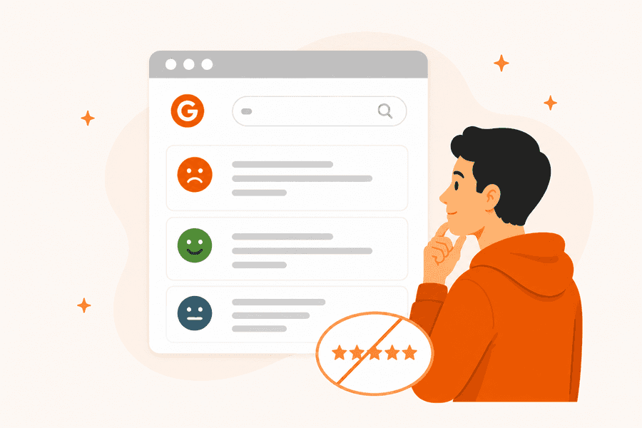 A man skeptically looking at a crossed-out five-star rating beside a list of real written reviews with sentiment icons, representing real accounts instead of a single star score